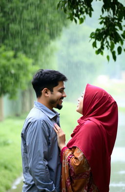 A man and a woman wearing hijabs gazing at each other with deep emotion as rain falls around them