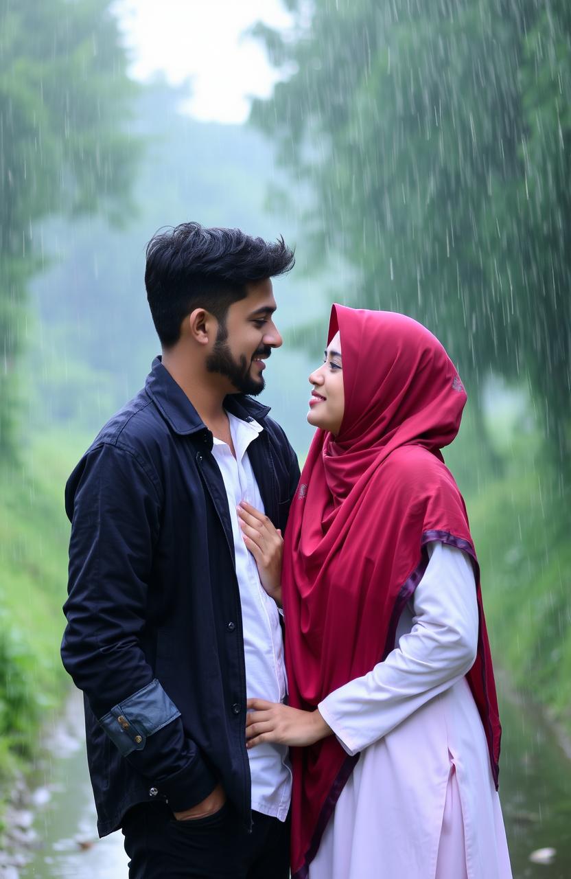 A man and a woman wearing hijabs gazing at each other with deep emotion as rain falls around them