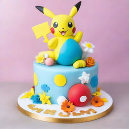 An exquisite Pokemon-themed birthday cake, decked with fan-loved Pokemon such as Pikachu, Squirtle and Charmander, adorned with vibrant edible flowers, balloons, and a glossy Poké Ball as a centerpiece