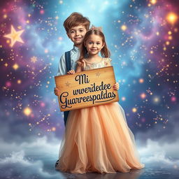 A creative and enchanting scene filled with magic, featuring a girl in a stunning, flowing dress with a captivating smile, standing in the foreground
