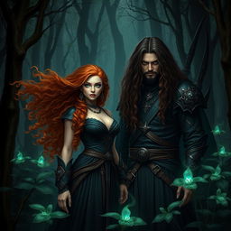 In a dark fantasy forest, a beautiful enchanteress witch stands confidently, her long curly dark orange hair flowing around her