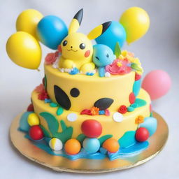 An exquisite Pokemon-themed birthday cake, decked with fan-loved Pokemon such as Pikachu, Squirtle and Charmander, adorned with vibrant edible flowers, balloons, and a glossy Poké Ball as a centerpiece