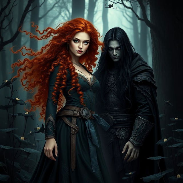 In a dark fantasy forest, a beautiful enchanteress witch stands confidently, her long curly dark orange hair flowing around her