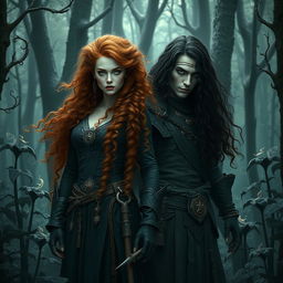 In a dark fantasy forest, a beautiful enchanteress witch stands confidently, her long curly dark orange hair flowing around her