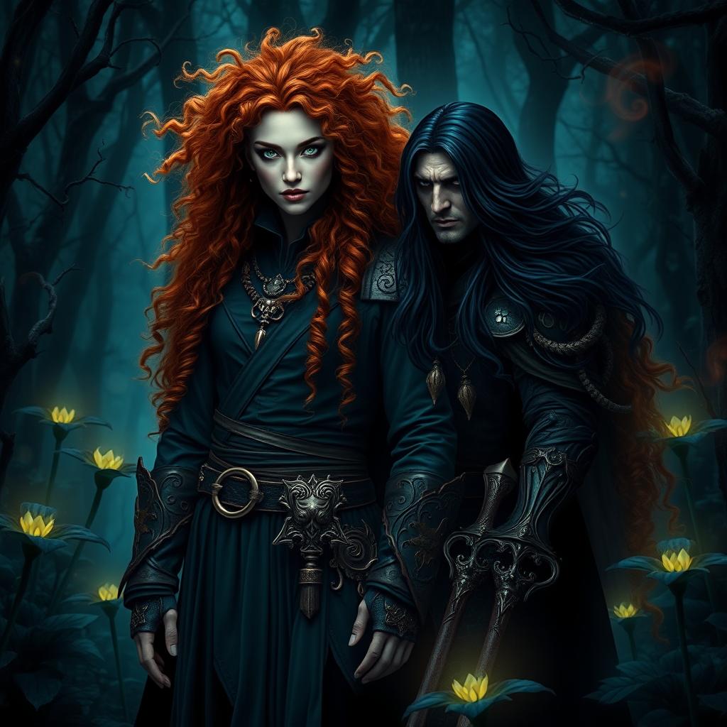 In a dark fantasy forest, a beautiful enchanteress witch stands confidently, her long curly dark orange hair flowing around her