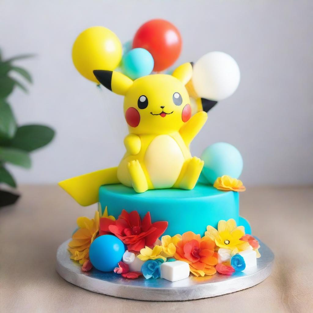 An exquisite Pokemon-themed birthday cake, decked with fan-loved Pokemon such as Pikachu, Squirtle and Charmander, adorned with vibrant edible flowers, balloons, and a glossy Poké Ball as a centerpiece