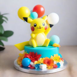 An exquisite Pokemon-themed birthday cake, decked with fan-loved Pokemon such as Pikachu, Squirtle and Charmander, adorned with vibrant edible flowers, balloons, and a glossy Poké Ball as a centerpiece