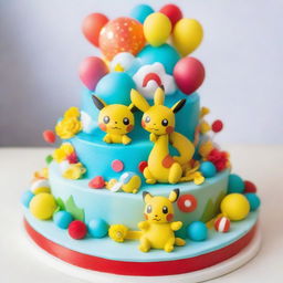 An exquisite Pokemon-themed birthday cake, decked with fan-loved Pokemon such as Pikachu, Squirtle and Charmander, adorned with vibrant edible flowers, balloons, and a glossy Poké Ball as a centerpiece