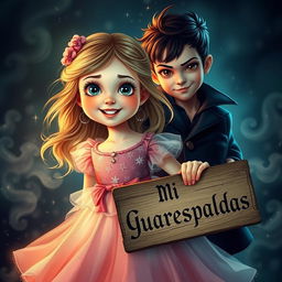 A creative and enchanting scene featuring a lovely young girl with bright, expressive eyes and a charming smile, dressed in a beautiful, flowing dress that shimmers with magical colors