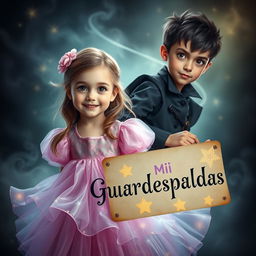 A creative and enchanting scene featuring a lovely young girl with bright, expressive eyes and a charming smile, dressed in a beautiful, flowing dress that shimmers with magical colors
