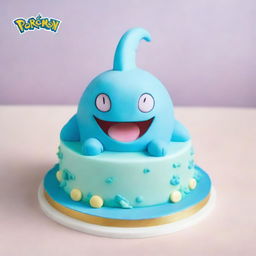 A charming cake inspired by the Pokemon Wooper, featuring the adorable blue creature happily frolicking on top, surrounded by playful frosting details mimicking water splashes