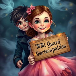 A creative and enchanting scene featuring a lovely young girl with bright, expressive eyes and a charming smile, dressed in a beautiful, flowing dress that shimmers with magical colors