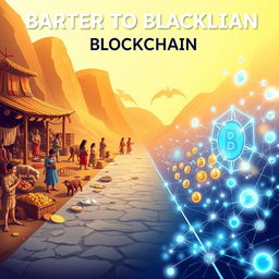 An imaginative graphic illustrating the journey from barter to blockchain