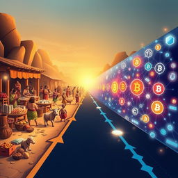 An imaginative graphic illustrating the journey from barter to blockchain