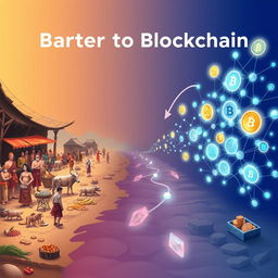 An imaginative graphic illustrating the journey from barter to blockchain