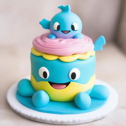 A charming cake inspired by the Pokemon Wooper, featuring the adorable blue creature happily frolicking on top, surrounded by playful frosting details mimicking water splashes