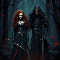 In a dark fantasy forest, a small yet beautiful natural enchanteress witch stands with confidence, her long curly dark orange hair cascading gracefully