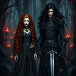 In a dark fantasy forest, a small yet beautiful natural enchanteress witch stands with confidence, her long curly dark orange hair cascading gracefully