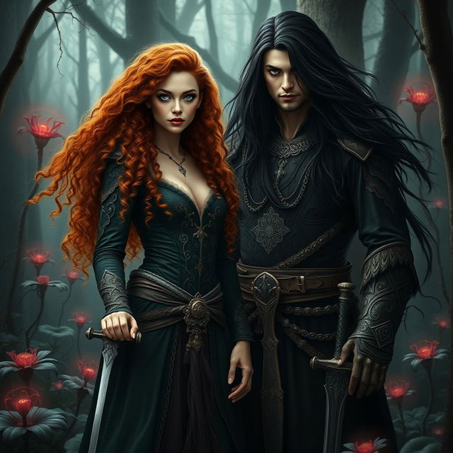 In a dark fantasy forest, a small yet beautiful natural enchanteress witch stands with confidence, her long curly dark orange hair cascading gracefully