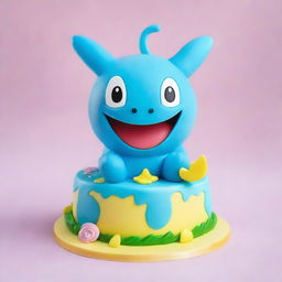 A charming cake inspired by the Pokemon Wooper, featuring the adorable blue creature happily frolicking on top, surrounded by playful frosting details mimicking water splashes