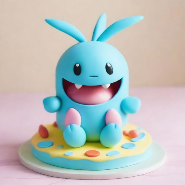 A charming cake inspired by the Pokemon Wooper, featuring the adorable blue creature happily frolicking on top, surrounded by playful frosting details mimicking water splashes