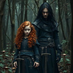 In a dark fantasy forest, a small yet beautiful natural enchanteress witch stands confidently, her long curly dark orange hair framing her face, which is dotted with freckles and free of makeup