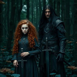In a dark fantasy forest, a small yet beautiful natural enchanteress witch stands confidently, her long curly dark orange hair framing her face, which is dotted with freckles and free of makeup