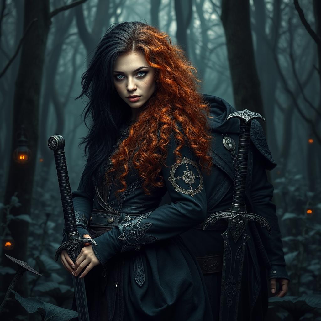 In a dark fantasy forest, a small yet beautiful natural enchanteress witch stands confidently, her long curly dark orange hair framing her face, which is dotted with freckles and free of makeup