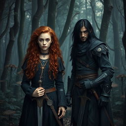In a dark fantasy forest, a small yet beautiful natural enchanteress witch stands confidently, her long curly dark orange hair framing her face, which is dotted with freckles and free of makeup