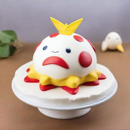 A delightful cake inspired by the Pokemon Togepi, topped with an expertly crafted edible figure of the character, surrounded by whimsical icing decorations reminiscent of its egg shell design