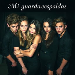 A group of attractive, mischievous teenagers with dark clothing and shadowy backgrounds, embodying a playful yet sinister vibe