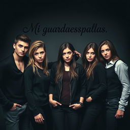 A group of attractive, mischievous teenagers with dark clothing and shadowy backgrounds, embodying a playful yet sinister vibe