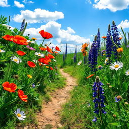 An aesthetic depiction of a wildflower bloom in a natural setting, featuring vibrant colors of blooming wildflowers such as poppies, daisies, and lupines