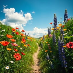 An aesthetic depiction of a wildflower bloom in a natural setting, featuring vibrant colors of blooming wildflowers such as poppies, daisies, and lupines