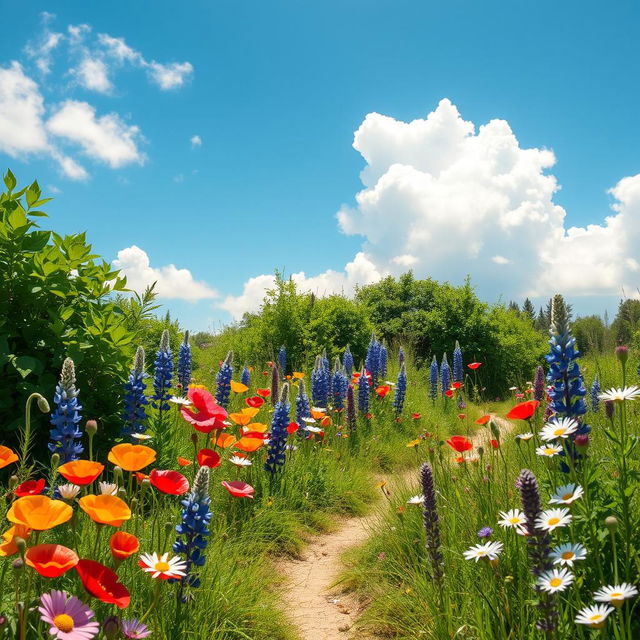 An aesthetic depiction of a wildflower bloom in a natural setting, featuring vibrant colors of blooming wildflowers such as poppies, daisies, and lupines