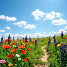 An aesthetic depiction of a wildflower bloom in a natural setting, featuring vibrant colors of blooming wildflowers such as poppies, daisies, and lupines