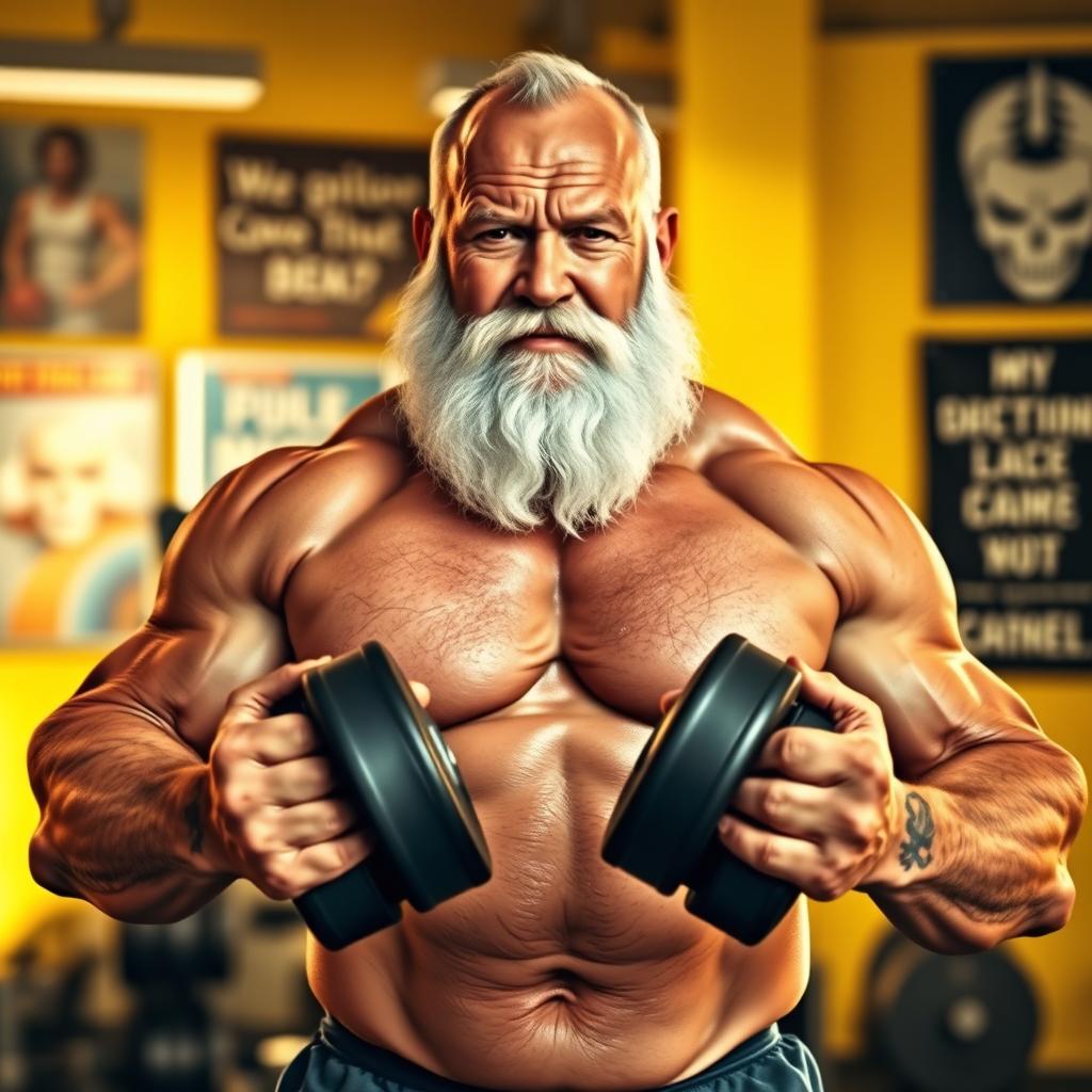 A strong and muscular old man with a full white beard, lifting heavy dumbbells in a bright gym