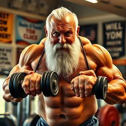 A strong and muscular old man with a full white beard, lifting heavy dumbbells in a bright gym