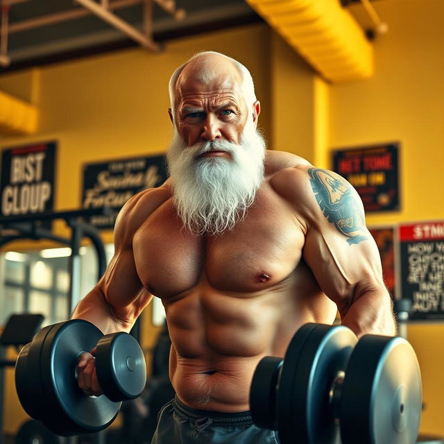 A strong and muscular old man with a full white beard, lifting heavy dumbbells in a bright gym