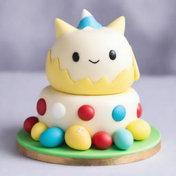 A delightful cake inspired by the Pokemon Togepi, topped with an expertly crafted edible figure of the character, surrounded by whimsical icing decorations reminiscent of its egg shell design