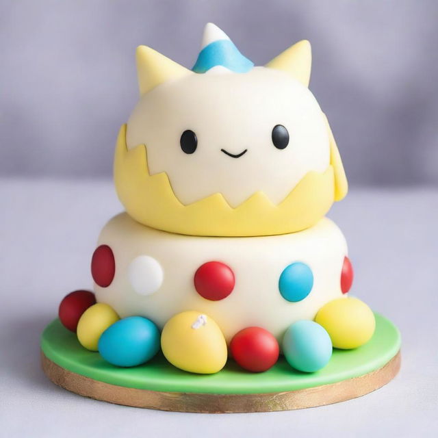 A delightful cake inspired by the Pokemon Togepi, topped with an expertly crafted edible figure of the character, surrounded by whimsical icing decorations reminiscent of its egg shell design