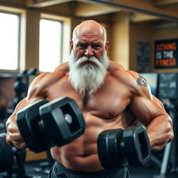 A strong and muscular old man with a full white beard, lifting heavy dumbbells in a bright gym