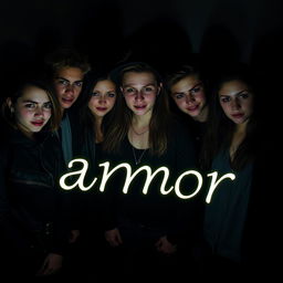 A group of attractive, slightly sinister-looking young teenagers standing together in a dark, moody environment