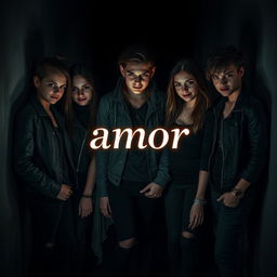 A group of attractive, slightly sinister-looking young teenagers standing together in a dark, moody environment