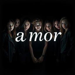 A group of attractive, slightly sinister-looking young teenagers standing together in a dark, moody environment