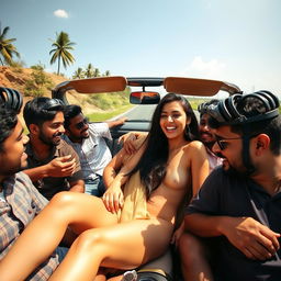 A lively and playful scene featuring a hot, cute 18-year-old Indian girl with long legs in a convertible car during a road trip in Goa