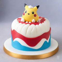 A delightful cake inspired by the Pokemon Togepi, topped with an expertly crafted edible figure of the character, surrounded by whimsical icing decorations reminiscent of its egg shell design