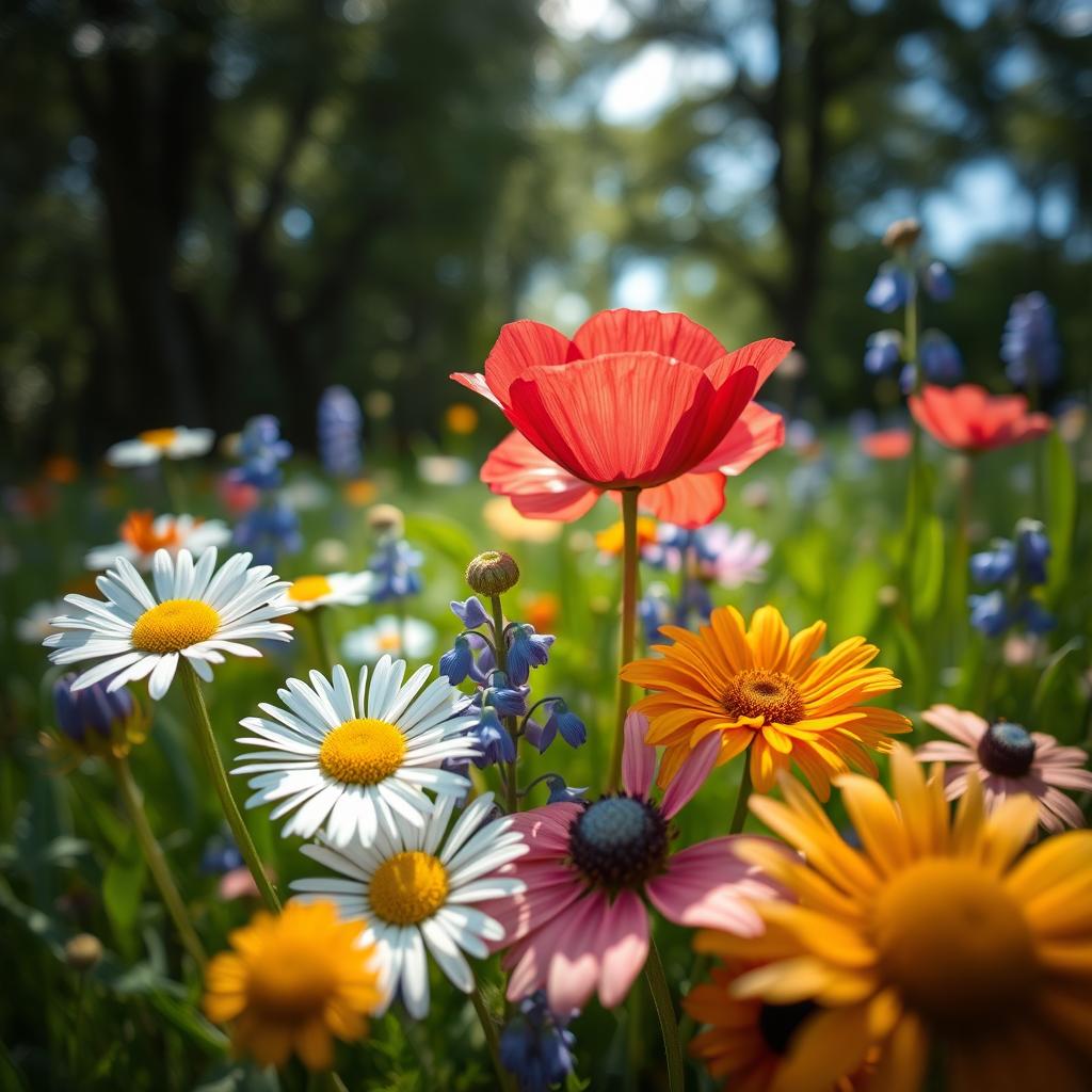 A breathtaking close-up of wildflowers in a natural setting, showcasing an array of vibrant colors and intricate details in the petals