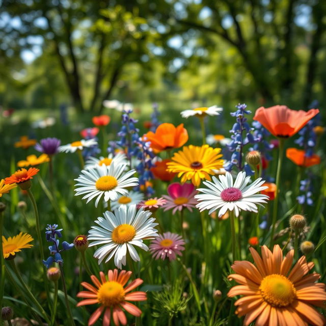 A breathtaking close-up of wildflowers in a natural setting, showcasing an array of vibrant colors and intricate details in the petals