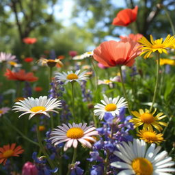 A breathtaking close-up of wildflowers in a natural setting, showcasing an array of vibrant colors and intricate details in the petals